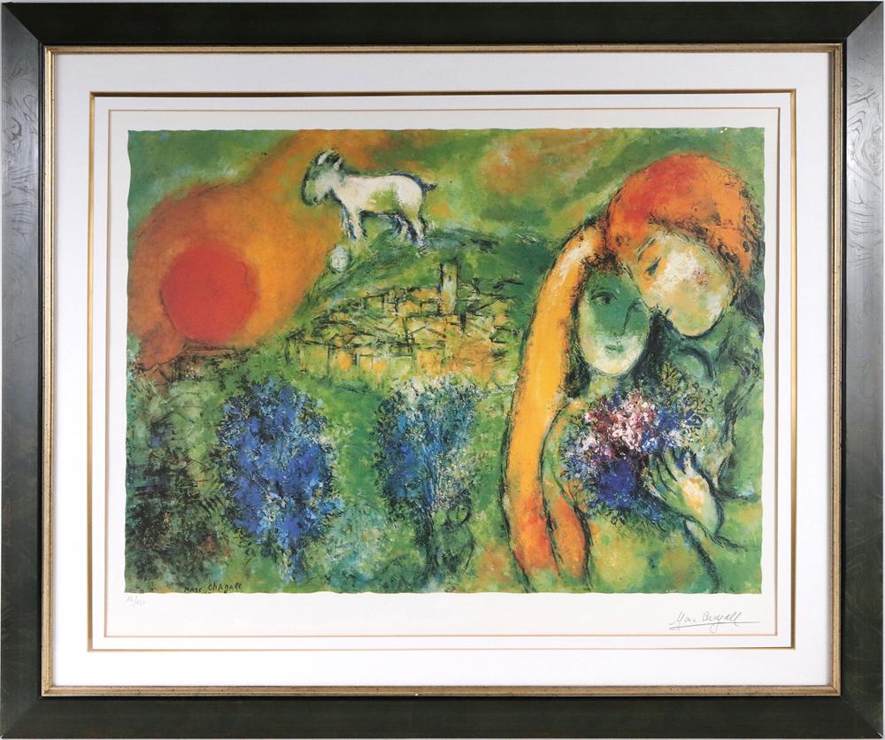 Marc Chagall, Photolithograph, "Lovers": (Belarusian-French, 1887-1985) facsimile signature l.r. and numbered 18/150 l.l. Overall: 34-1/4"h x 40-7/8"w Sight: 24-1/4"h x 34-1/4"w Provenance: Property from the Estates of David and Laura Finn,