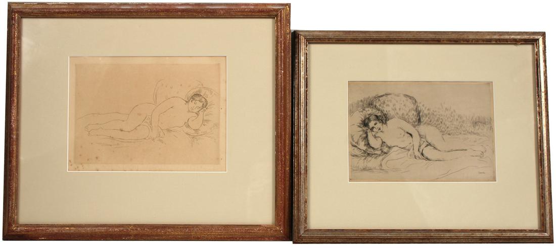 Pierre-Auguste Renoir, Two Etchings: (French, 1841-1919) comprising "Reclining Woman Facing Right" and "Reclining Woman Facing Left", both 1906, the latter a contemporary impression from the Gazette des Beaux Arts, on wove paper with 1" 