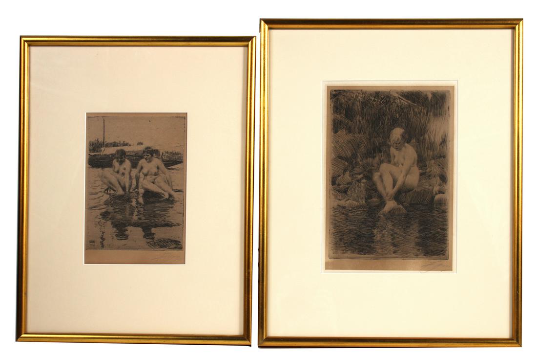 Two Anders Zorn Etchings: (Swedish, 1860-1920) comprising "Dagmar", 1912, and "My Models", 1916, each signed "Zorn" in pencil l.r.c. Overall: appx. 19"h x 15-1/4"w and 18"h x 14"w Sight: 10-7/8"h x 7-3/4"w and 8-7/8"h x 6"w Pr