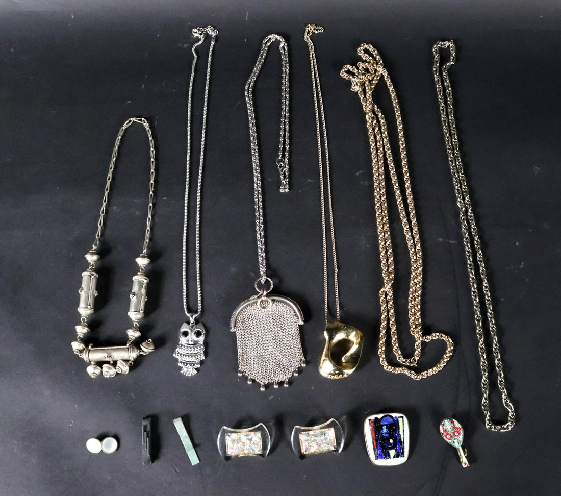 Two Vintage Silver Metal Necklaces: One with a mesh purse. Also including two fashion metal chains, one silver metal necklace with an owl pendent, one Illesoe stamped brooch, one gold filled chain with an unrelated pendant, a mandolin f