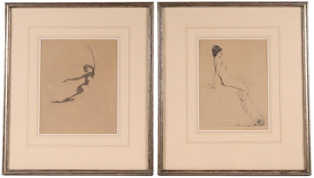 Warren Davis, Two Drypoint Etchings: (American, 1865-1928) the first of a seated woman, signed in pencil l.r., the second of a dancing figure, signed in pencil l.r. The first: 15-3/4"h x 13-3/4"w overall; 7-3/4"h x 6"w sight The second: