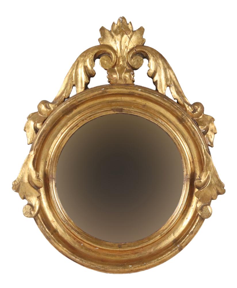 Small Giltwood Circular Mirror: 20th C. Repairs to crest, losses throughout. 20-1/2"h x 16-1/4"w x 3"d