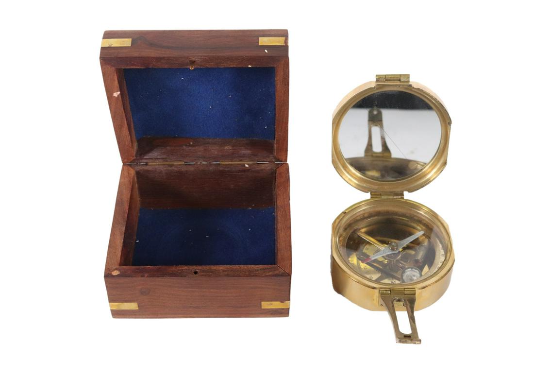 Stanley London Brass Astronomical Compass: 20th C., in wooden brass-inlaid box