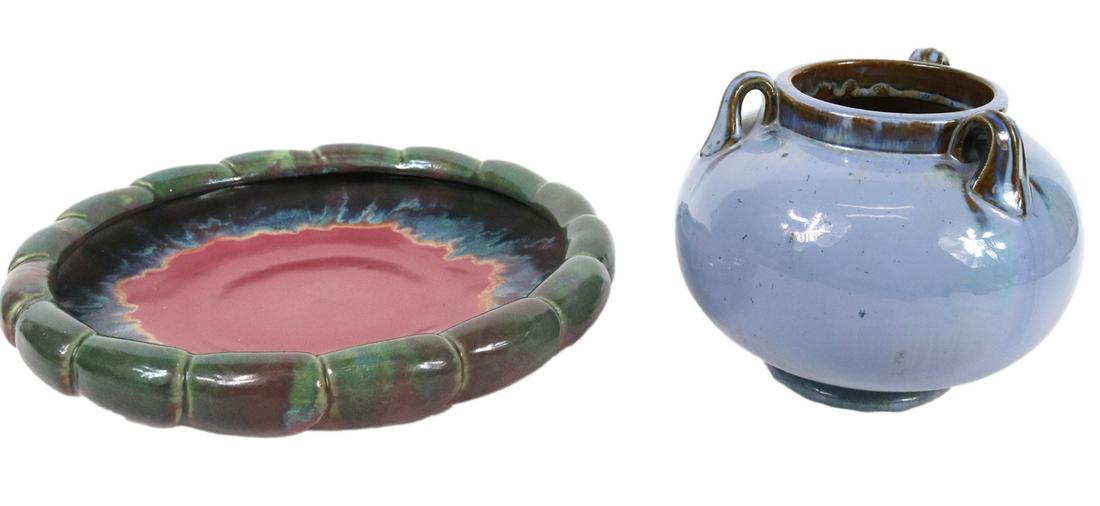 Fulper Glazed Pottery Shallow Bowl and Vase: Both marked underside Bowl: 2-1/2"h x 13"dia Vase: 6-1/4"h x 8-1/2"dia