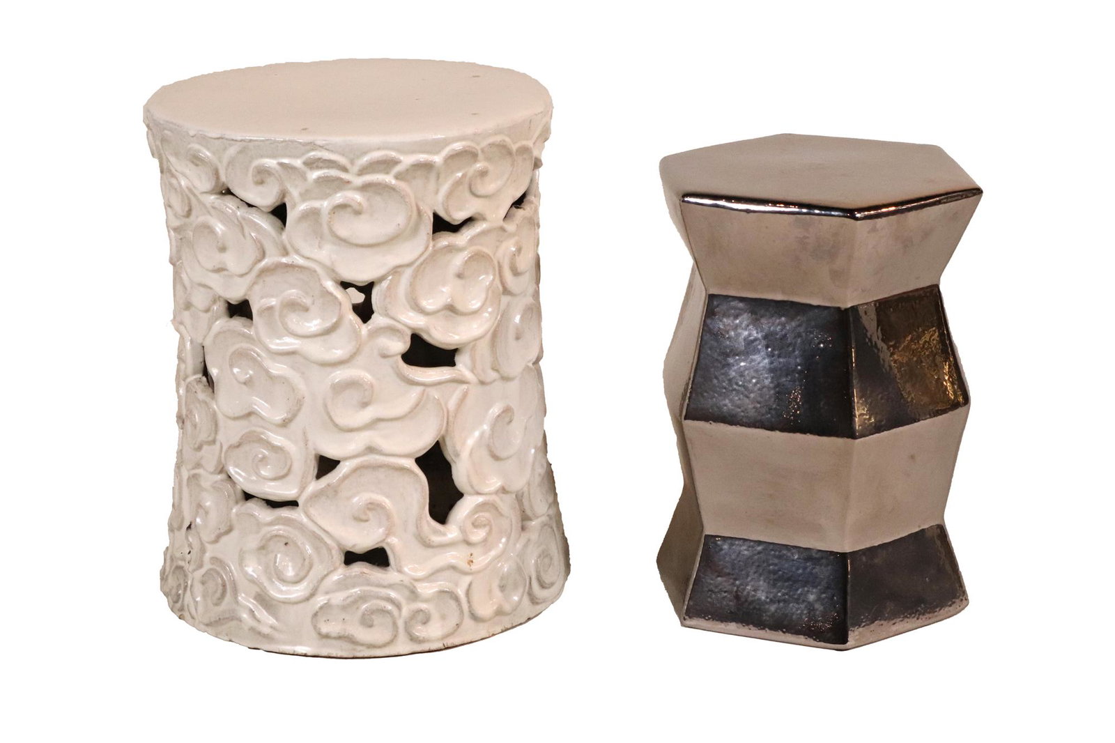 White-Glazed Ceramic Reticulated Garden Seat: Together with a metallic silvered glazed ceramic side table, 2 pieces total Cracks, chips, wear 19-3/4"h x 15-1/2"dia and 17"h x 13"dia