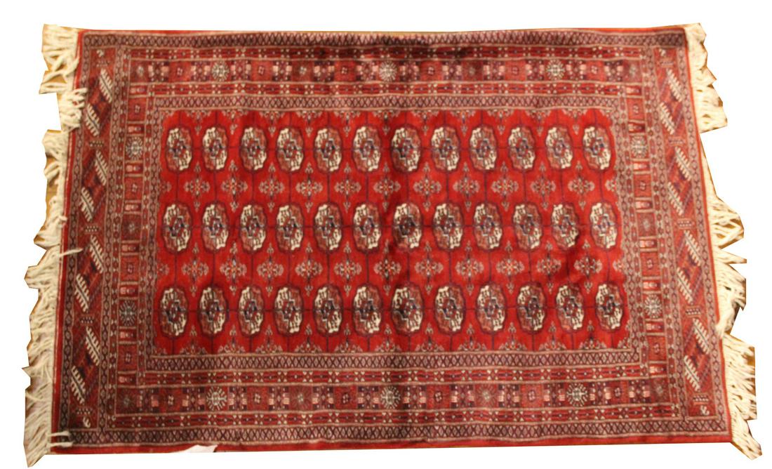 Turkoman Style Throw Rug: Worked in tones of red, blue, and ivory. 6'7"l x 4'1"w