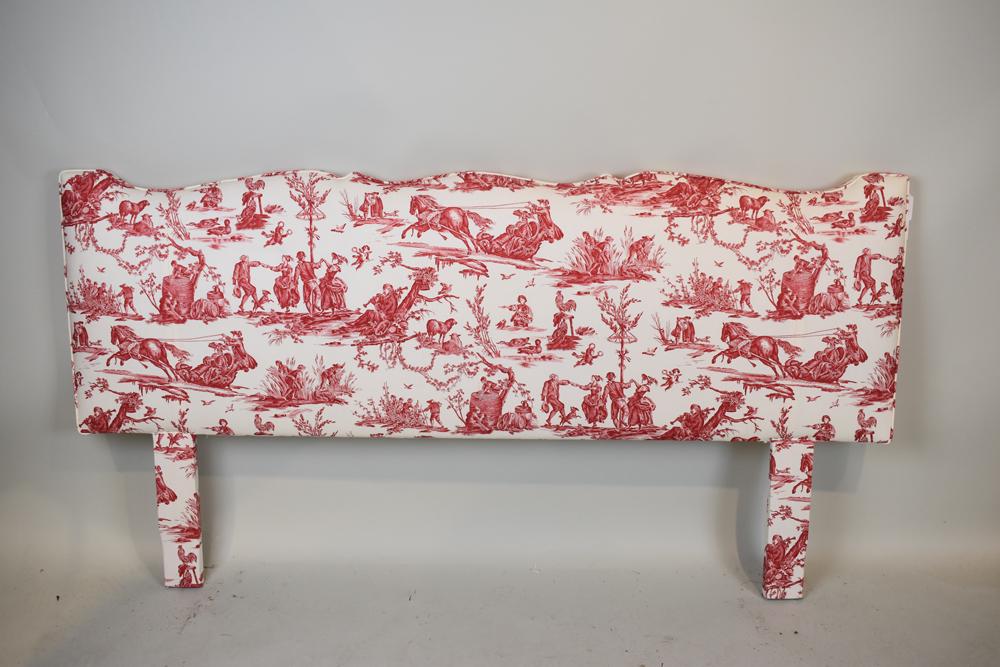 Red & White Toile Fabric King Size Headboard: Red & White Toile Fabric King Size Headboard in used condition with light surface wear. Appx: 40"h x 75-1/2"w x 2-1/2"d.