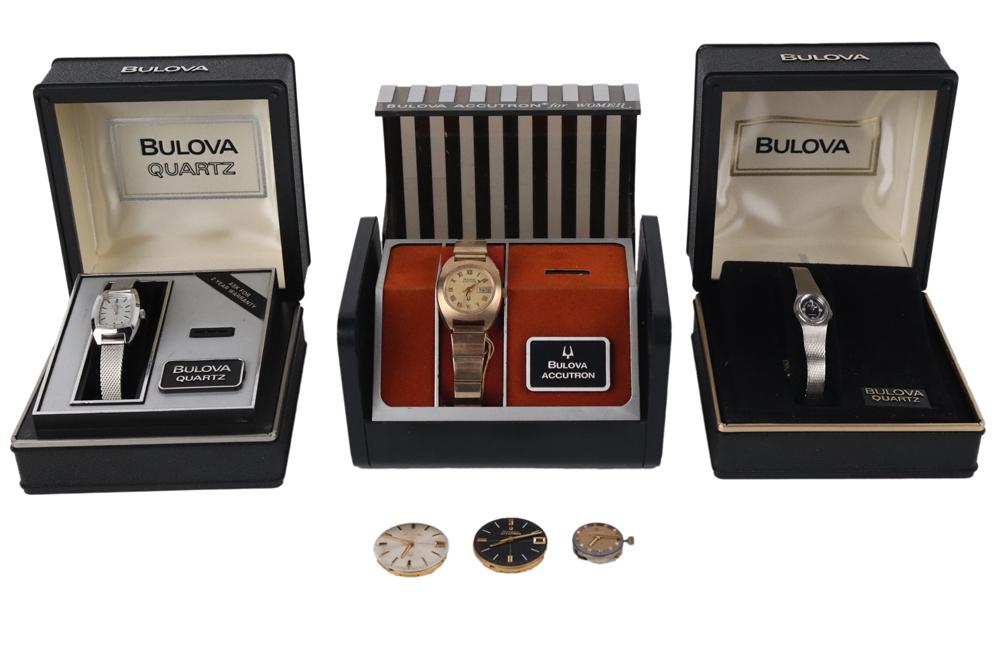 Bulova Ladies' Accutron Wristwatches: Three in original boxes, together with three additional Accutron movements