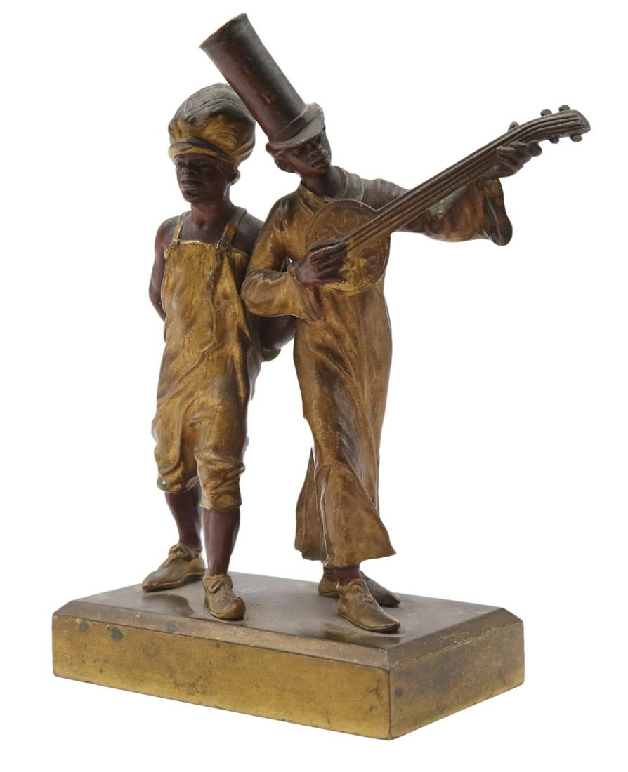 Franz Bergman, Cold-Painted Gilt Bronze: (Austrian, 1861-1936) ca. 1910, of two minstrels 6-1/2"h x 4-1/8"w x 2-3/8"d Literature: "Bronzes: Sculptors and Founders 1800-1930" by Harold Berman, 1994 6-1/2"h x 4-1/8"w x 2-3/8"d