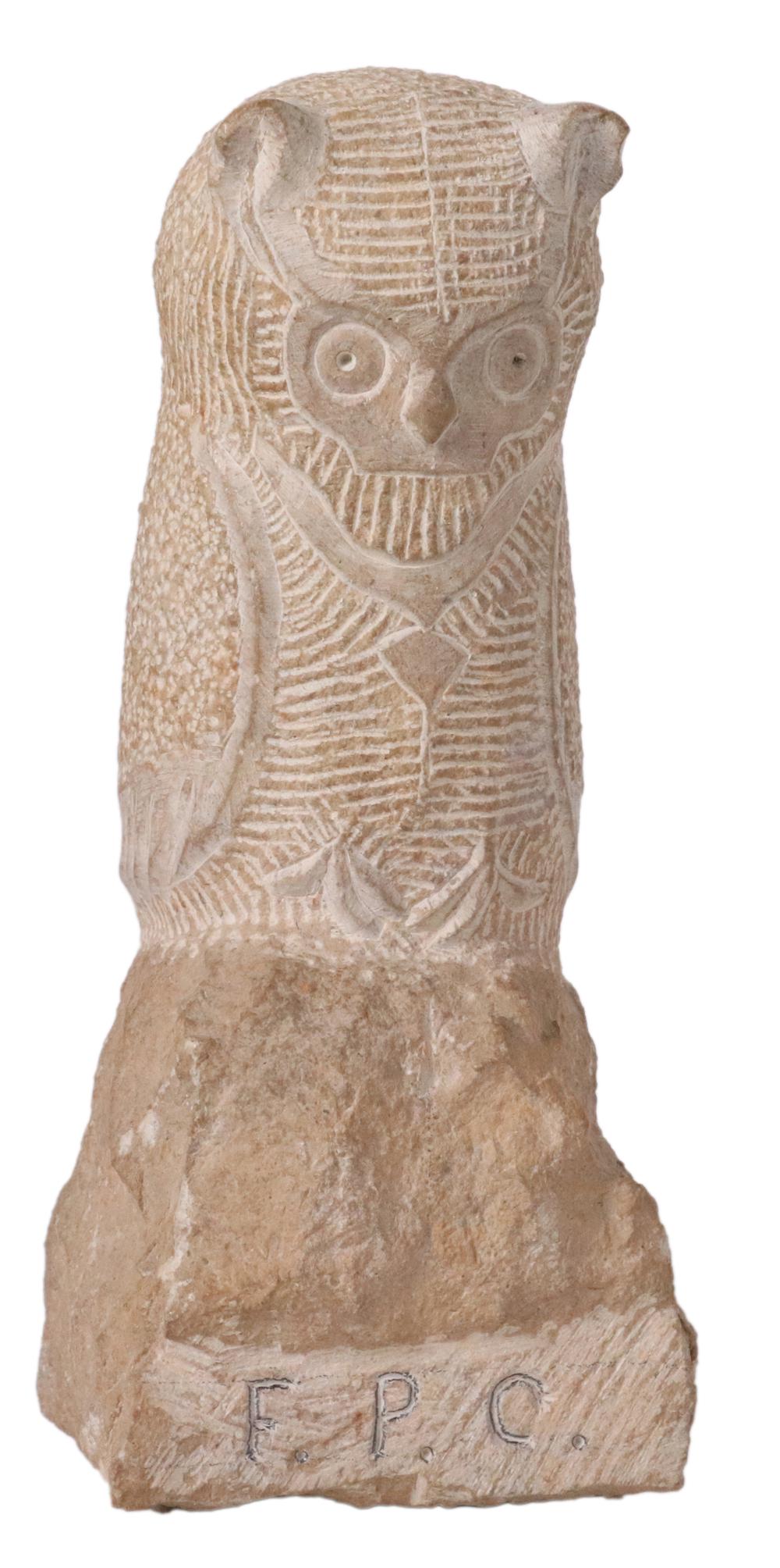 Carved Stone Figure of an Owl: American, late 19th C., possibly limestone, initialed "FPC" Appx. 9"h