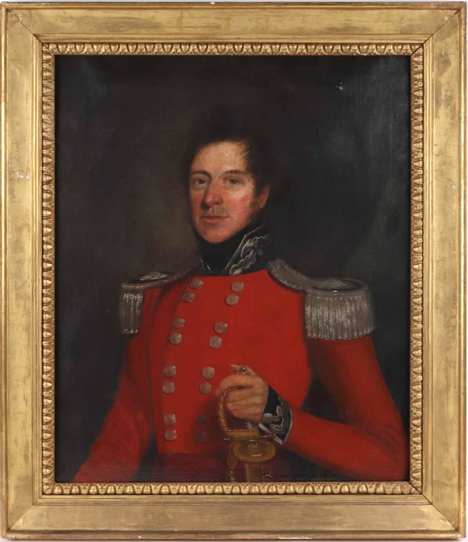 Oil on Canvas, Portrait of an English Officer: Inscribed on stretcher: "Robert Turbeville Bingham, Colonel Grenades Guards, Died April 1851 at the vines Rochester-Son of William Bingham" Overall: 35"h x 30"w Sight: 28-1/4"h x 23"w