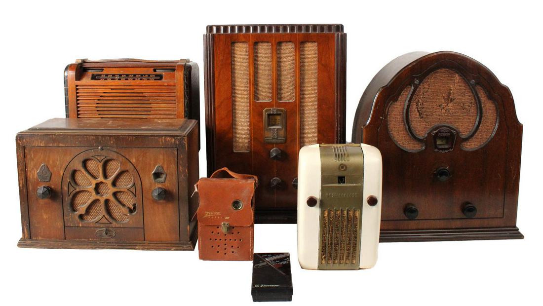 Group of Early Radios: Including a General Electric A63 Tombstone Radio, 1937; a Philco Model 50 Cathedral Radio; an Emerson Radio; a Philco Model 409 roll-top, 1946; a "Refrigerator" by Westinghouse portable radio; a Zenit