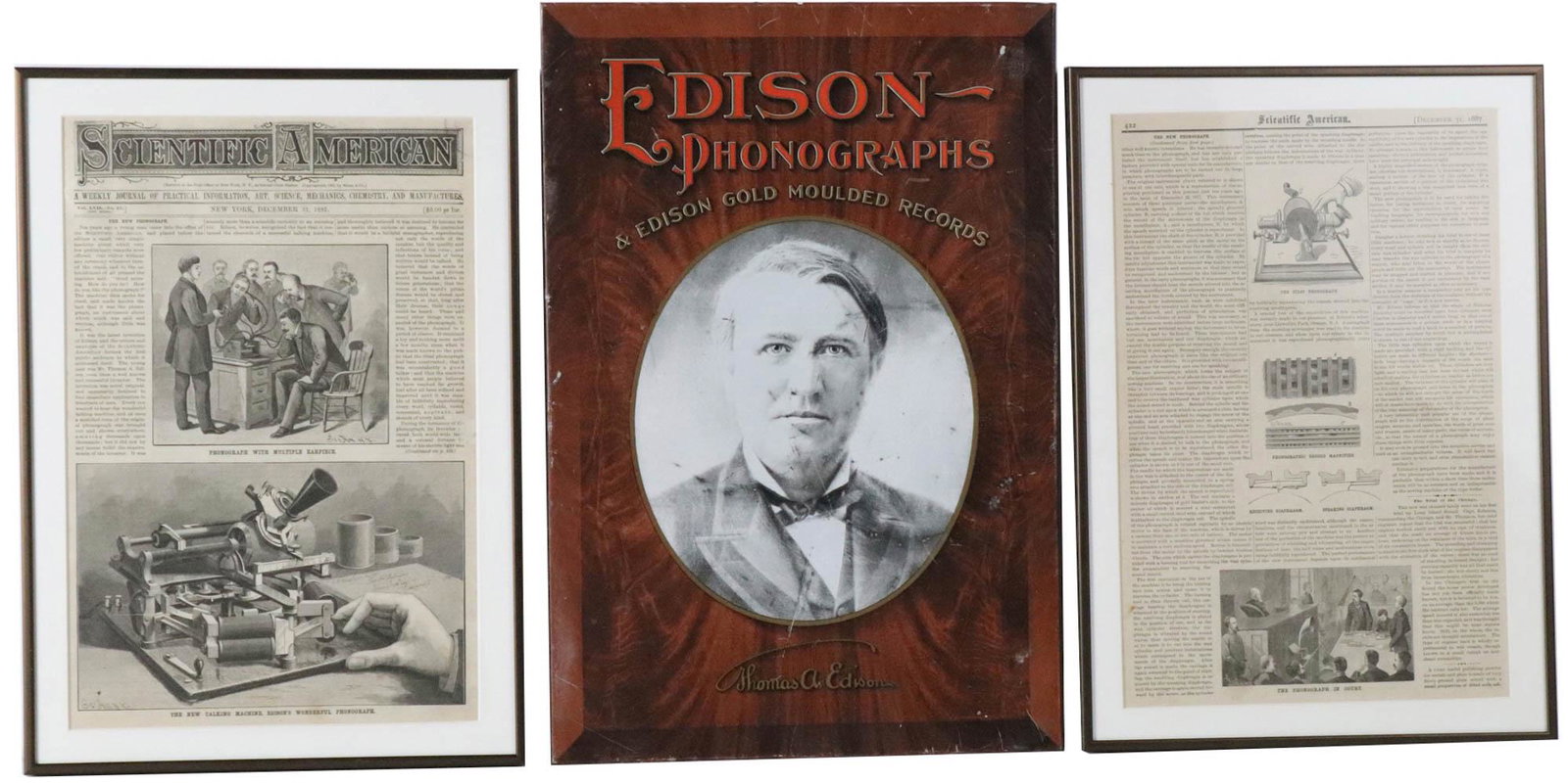 Edison Phonographs Sign: ca. 1900, together with two framed advertisements from Scientific American featuring Edison phonographs, 3 pieces total Edison sign: appx. 19"h x 13"w