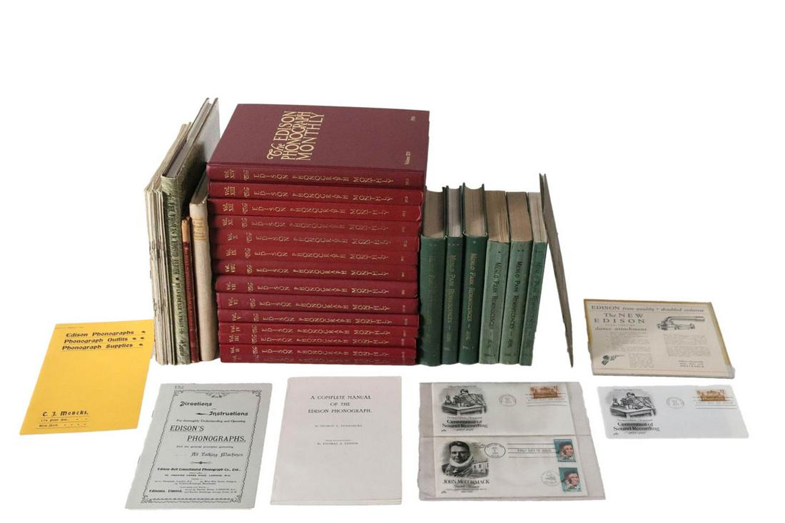 Group of Edisonia Books and Ephemera: Including 14 bound volumes of "The Edison Phonograph Monthly" 1903-1916; "On the Future of Electric Lighting" by St George Lane-Fox, based on a lecture delivered May 17th, 1882; an Edison phonographs