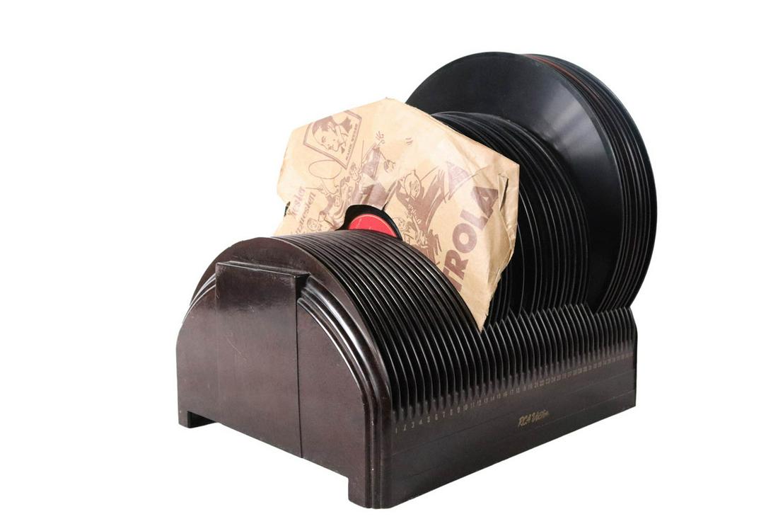 Group of Assorted 78 Records: Including a rare copy of Official Boy Scout Record 1103 and 1100, records from Victor, Columbia, and others, in a rare RCA Victor Bakelite rack, appx. 25 pieces total