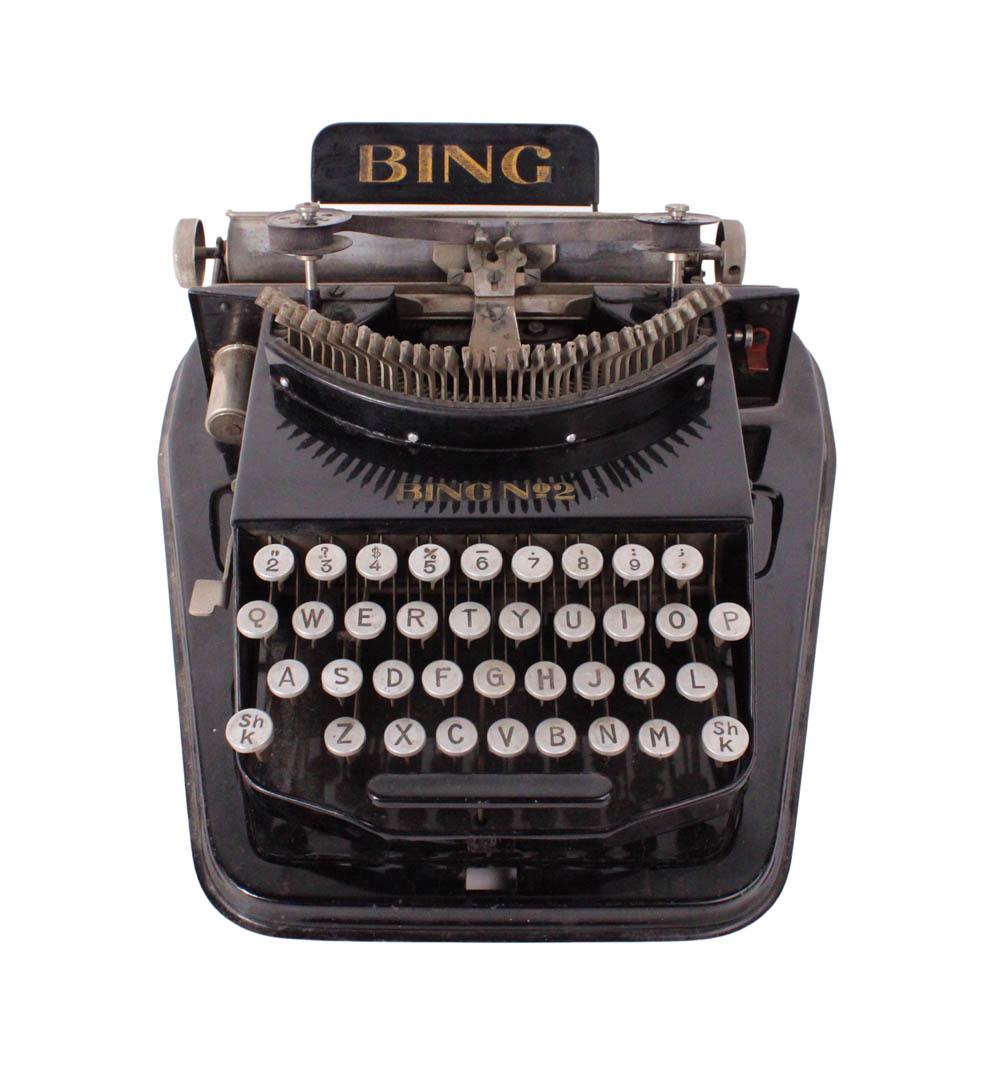 Bing No. 2 Portable Manual Typewriter: ca. 1920s, made in Germany, with original painted metal carrying case 5-1/2"h x 11"w at widest x 13"d