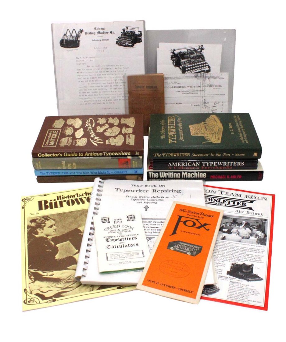 Group of Books and Ephemera on Typewriters: Including "The Story of the Typewriter: 1873-1923" by the Herkimer County Historical Society, 1923; "Collector's Guide to Antique Typewriters" ed. by Dan R. Post; a receipt from Galesburg Writing Mach