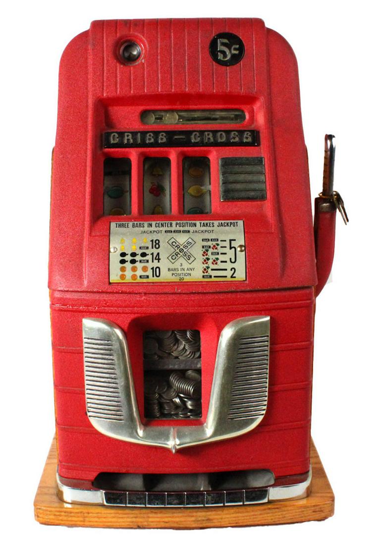 Criss-Cross Three Bells Slot Machine: 5 cent machine, serial no. 543098, the mechanical workings and case of this machine are identical to a Mills Blue Bell machine, includes key, in working condition, contains nickels; together with The