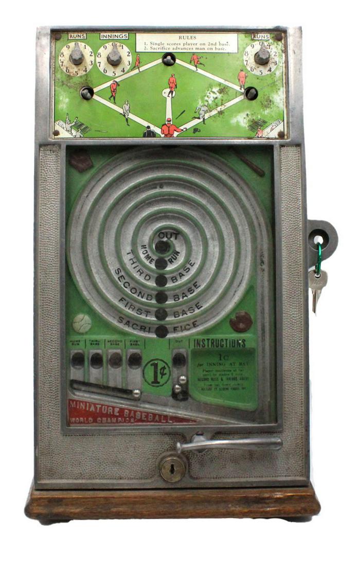 Keeney & Sons Miniature Baseball Trade Stimulator: 1931, 1 cent machine, in working condition, includes key, together with an advertisement from "Automatic Merchandise", January 1931 16-3/4"h x 8-1/2"d