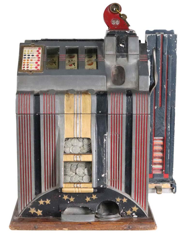 Mills Gooseneck Silent Jackpot Bell Slot Machine: 5 cent machine, with Mills Gooseneck side vendor attached, in working condition, includes key and tokens, contains Indian Head nickels; together with a framed poster of the 6 top selling Mills machine