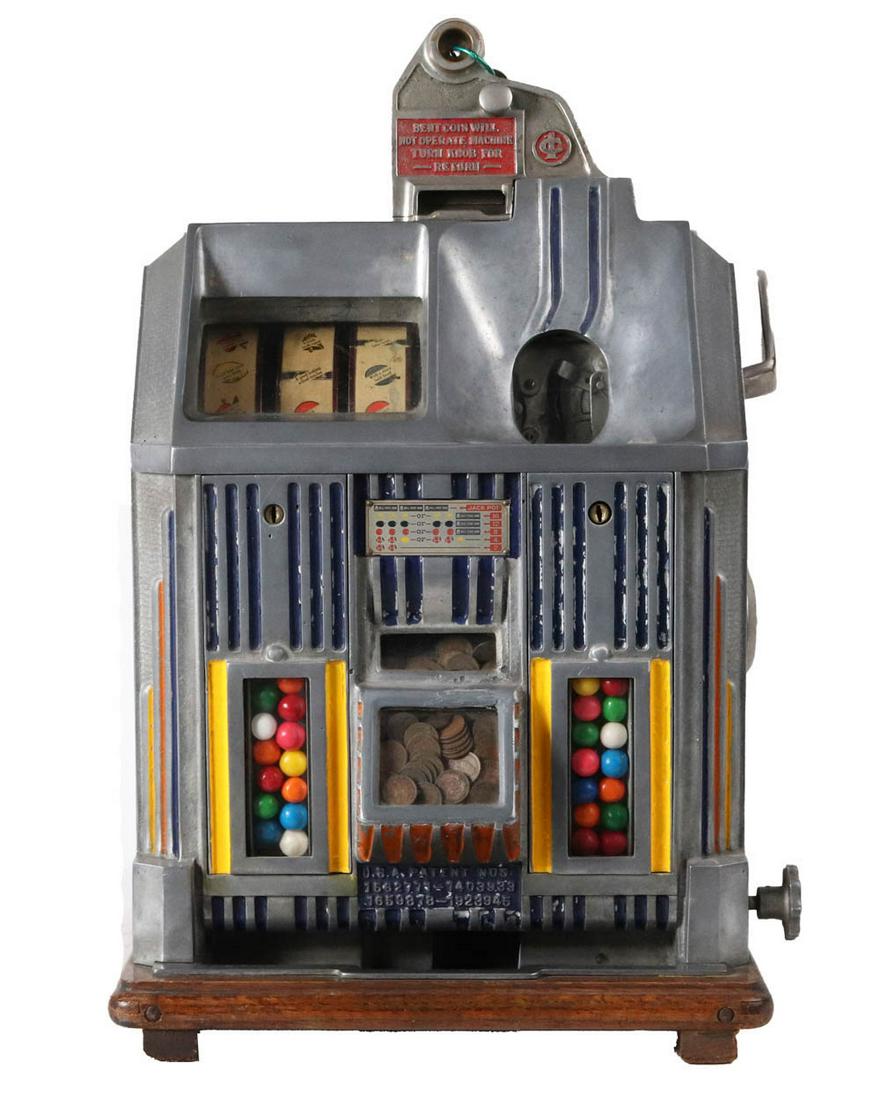 Jennings "Duchess" Gumball Trade Stimulator: 1934, 1 cent machine, in working condition, includes key, contains Indian Head pennies 21"h x 13-1/2"w x 14"d