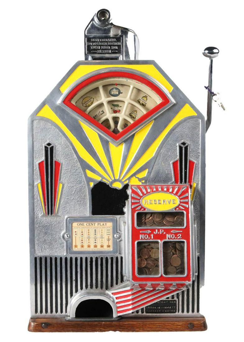 Jennings "Little Duke" Slot Machine: ca. 1933, 1 cent machine, serial no. 18282, in working condition, includes key, contains pennies, together with an edition of "Loose Change", June 1979 25-1/2"h x 14-1/2"w x 10-1/2"d