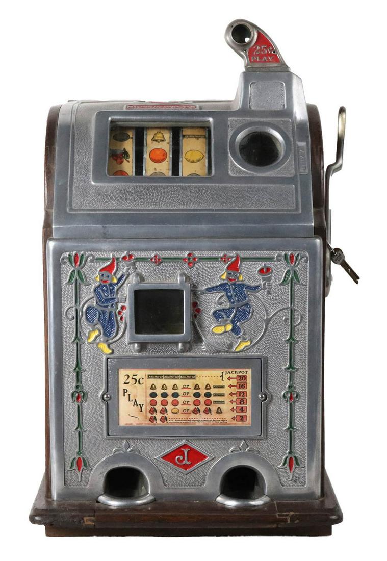 Jennings "Dutch Boy" Slot Machine: ca. 1925, 25 cent machine, serial no. 81877, bears label on sides, in working condition, includes key 24-1/2"h x 13-3/4"w x 11-1/2"d