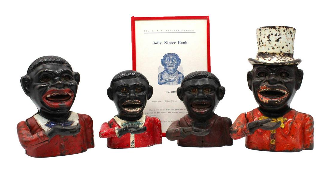 Four Black Americana Mechanical Banks: Late 19th C., all cast iron, condition of paint varies from piece to piece, together with a J&E Stevens Co. paper receipt The tallest: 7-5/8"h