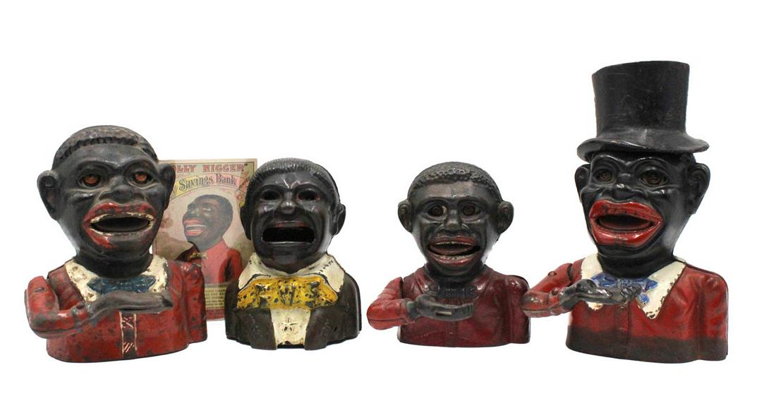 Four Black Americana Mechanical Banks: Late 19th C., all cast iron, condition of paint varies from piece to piece, together with a lithographed mechanical bank advertisement from Flagler, Forsythe & Bradley The tallest: 7-5/8"h