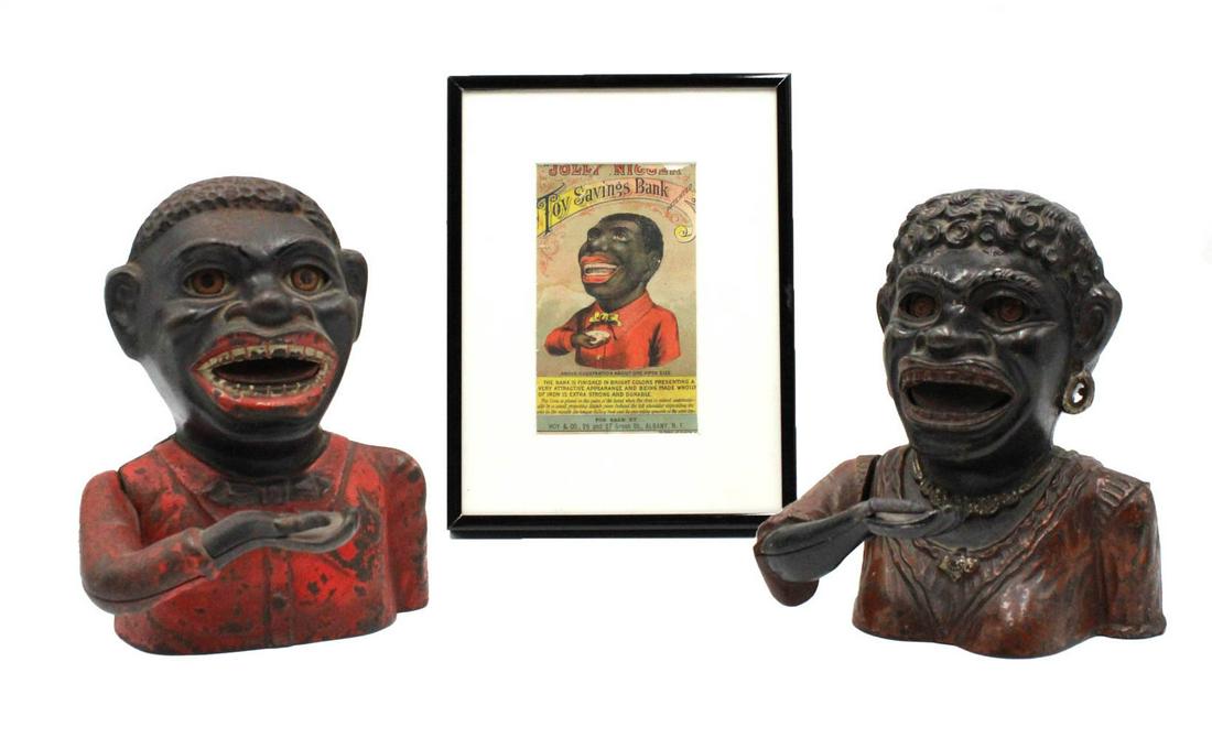 Two Black Americana Mechanical Banks: One manufactured by Shepard Hardware Co., Buffalo, patent date 1882, and the other labeled "Dinah", each cast iron, condition of paint varies, together with a lithograph mechanical bank advertisement 