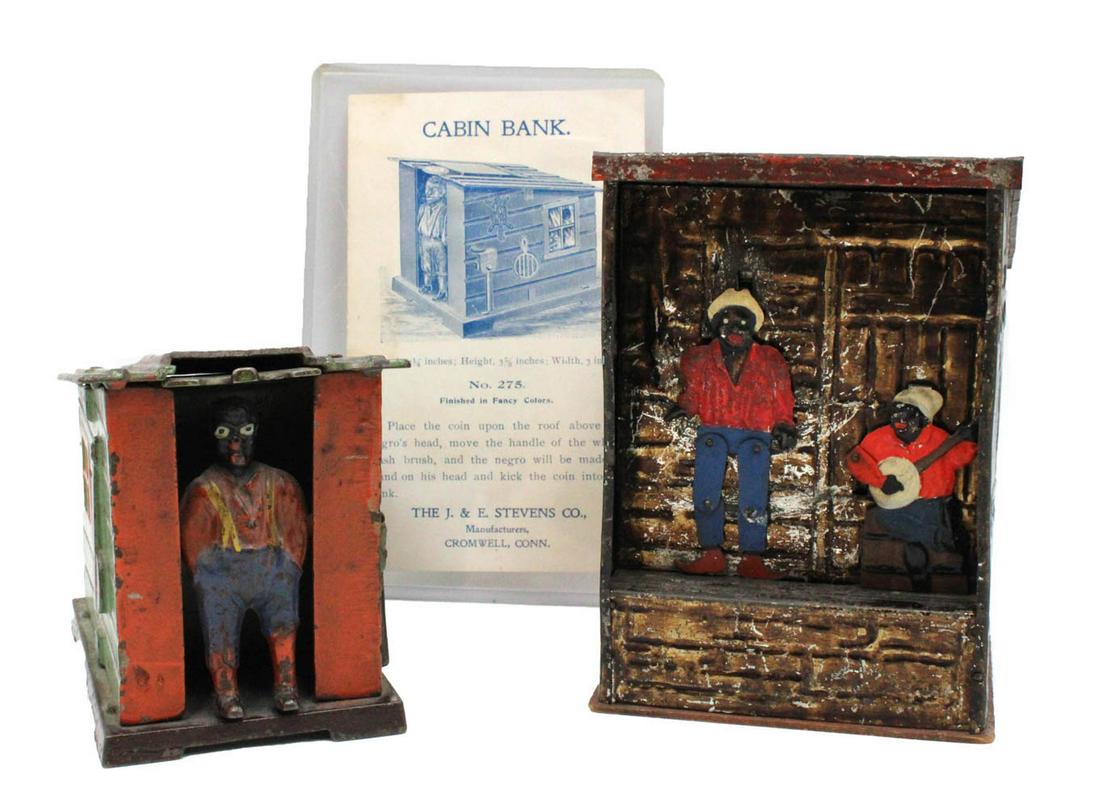 Black Americana "Cabin Bank" Mechanical Bank: Made by J & E Stevens Co., Cromwell, CT, no. 275, cast iron mechanical bank in working condition, retains original paint, patented 1885, includes original purchase slip; together with a Weeden's "Plan