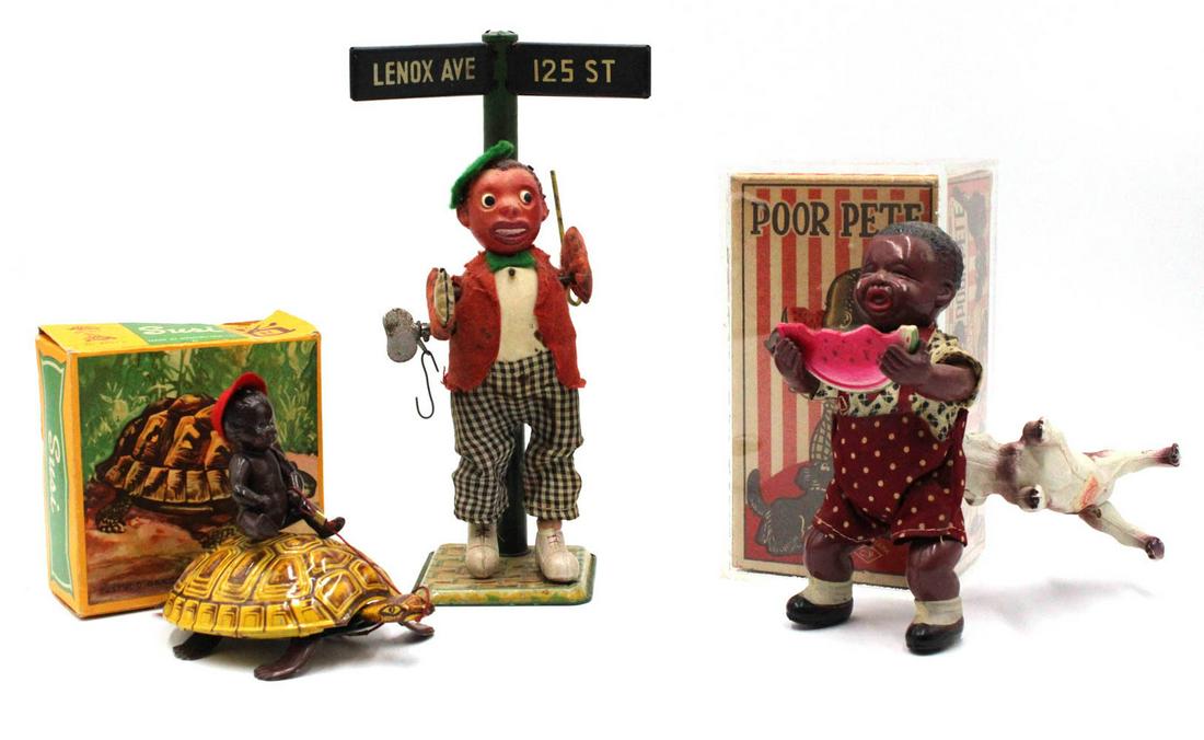 Black Americana "Poor Pete" Celluloid Wind-Up Toy: Made in occupied Japan, with original box, together with a tin lithograph dancer at Harlem street corner and a "Susi" tin lithograph toy of a boy riding a tortoise, key wind, no. 827/1S, 3 pieces tota