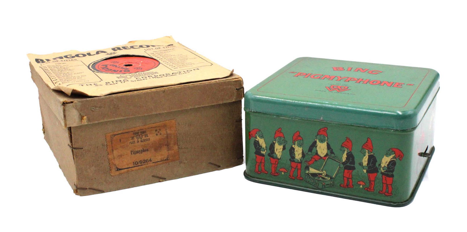 Black Americana Bing "Pigymphone": Made in Germany, key-wind victrola with all necessary parts and one "Bingola" record of "Sweet Genevieve"/"Home Sweet Home" with its original box 3"h x 5-5/8"w x 5-5/8"d