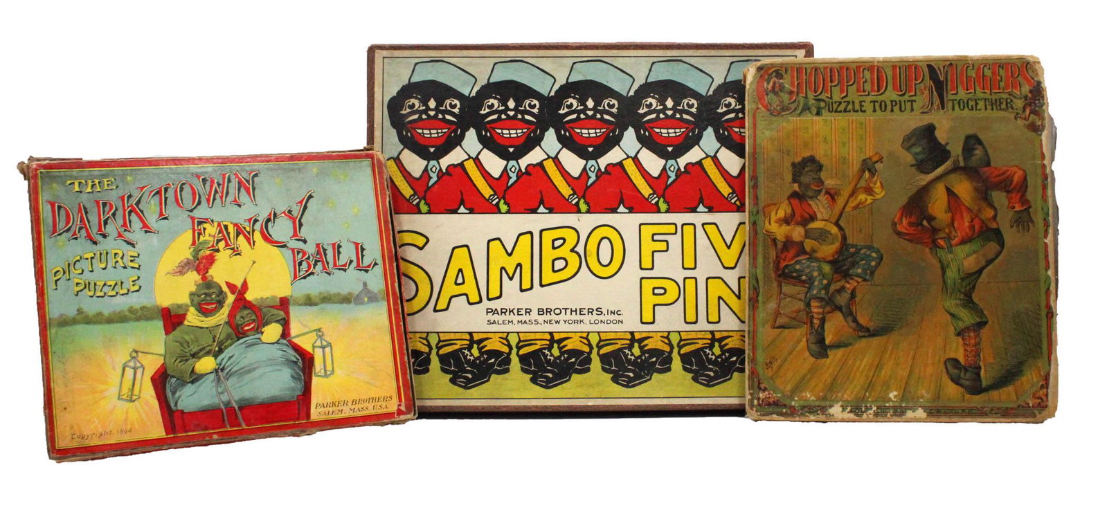 Black Americana Parker Bros. Five Pins Game: Includes all five pins and four wooden dolls, appear to be in excellent shape; together with two early lithograph game boxes (boxes only) by Parker Bros. and McLoughlin Bros., 3 pieces total