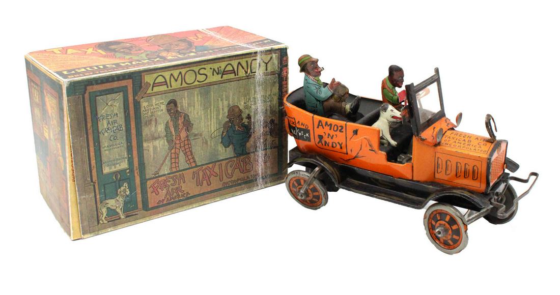Amos 'n' Andy Tin Wind-Up Toy Taxicab: Made by Louis Marx Company, ca. 1930, with original lithographed box Toy: appx. 5"h x 7-1/4"w x 3-1/2"d