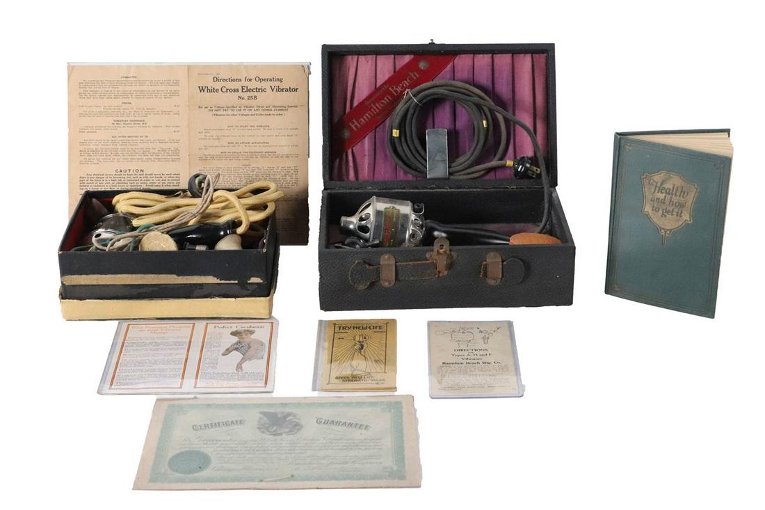 Two Early Electric Health Vibrators: Comprising a Hamilton Beach Type F vibrator with two booklets and "Health and How to Get It" by Charles Lee Bryson, 1927; and a White Cross Electric Vibrator model 21 with original brochures and adver