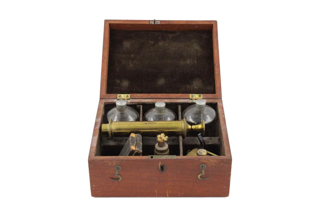Civil War Era Bloodletting/Cupping Kit: Mid-19th C., with three graduated cupping glasses, spirit lamp, a G. Rudelius scarificator, and an earlier cased lancet Box: 3-1/2"h x 7-3/4"w x 5-3/4"d