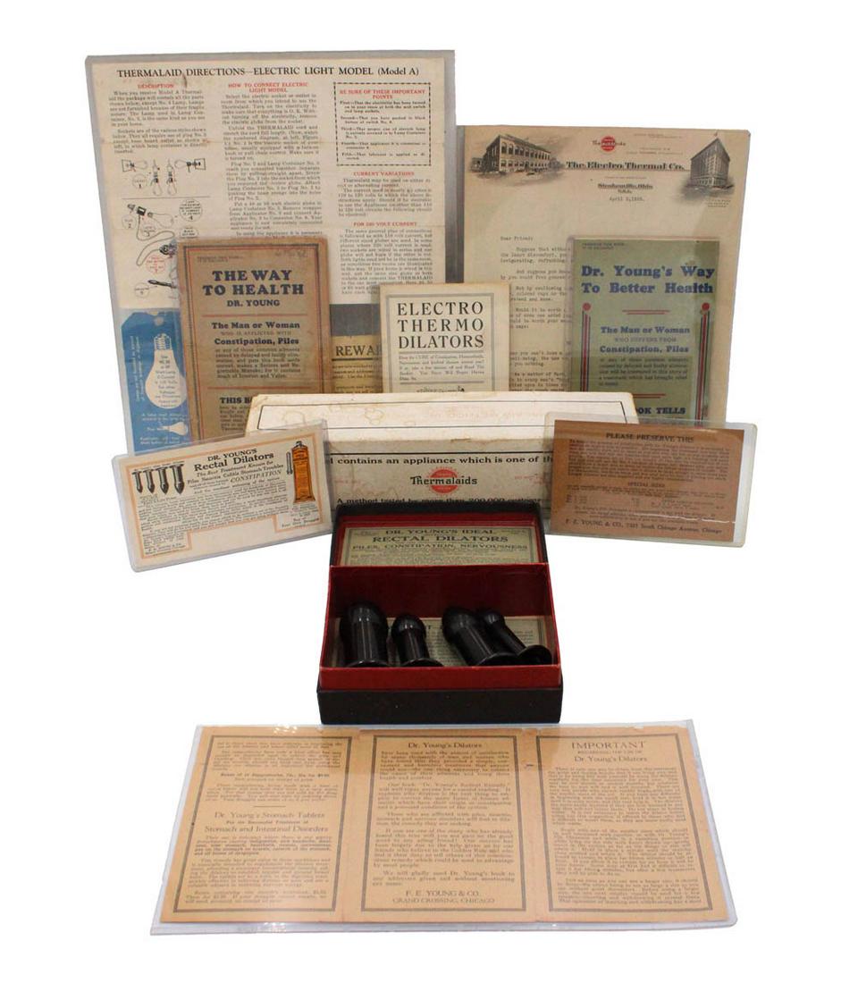 Group of Internal Health Improvement Devices: Including the Electro-Thermal Dilator and Dr. Young's Rectal Dilators, as well as assorted original ephemera, appx. 10 pieces total