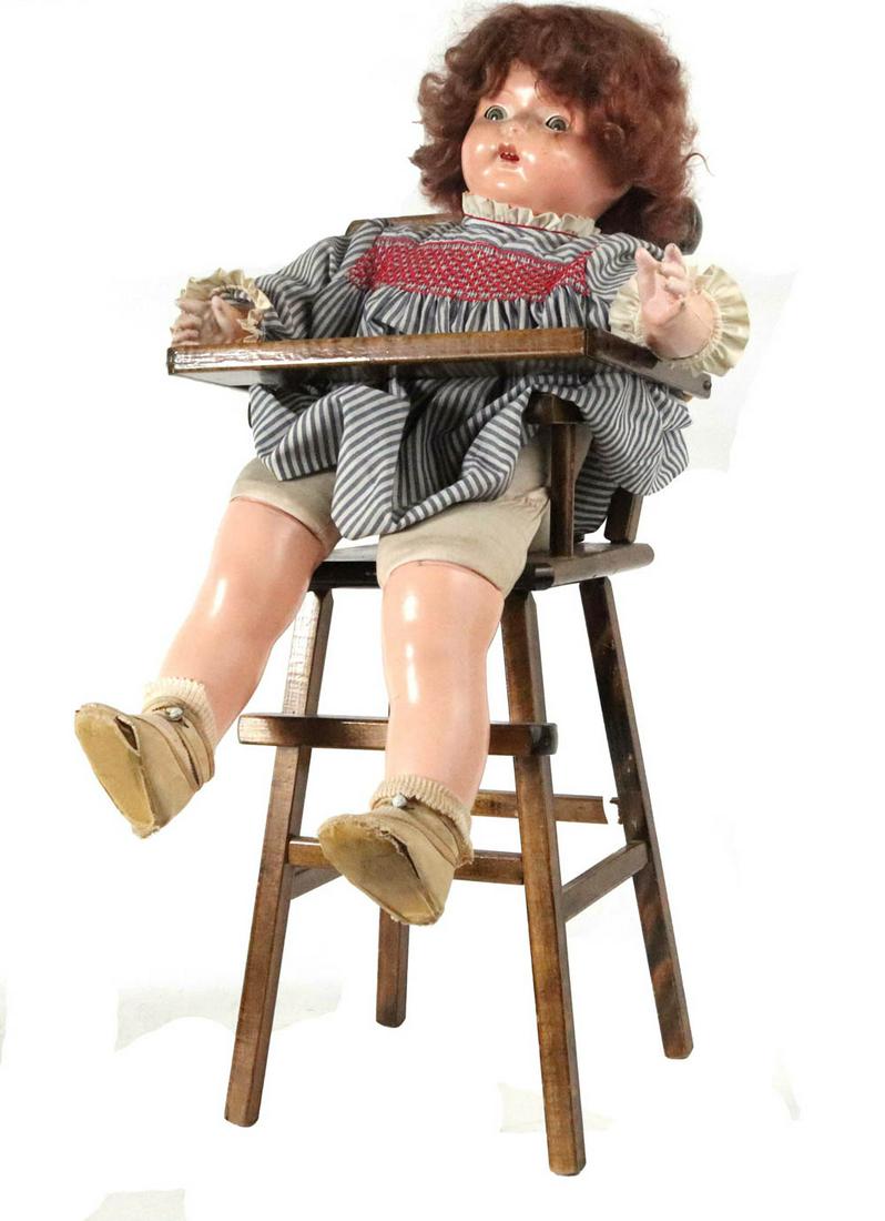 Madame Hendren "Mae Starr" Talking Doll: In a wooden chair manufactured by Whitney, together with a group of 15 celluloid records Doll: appx. 24"h