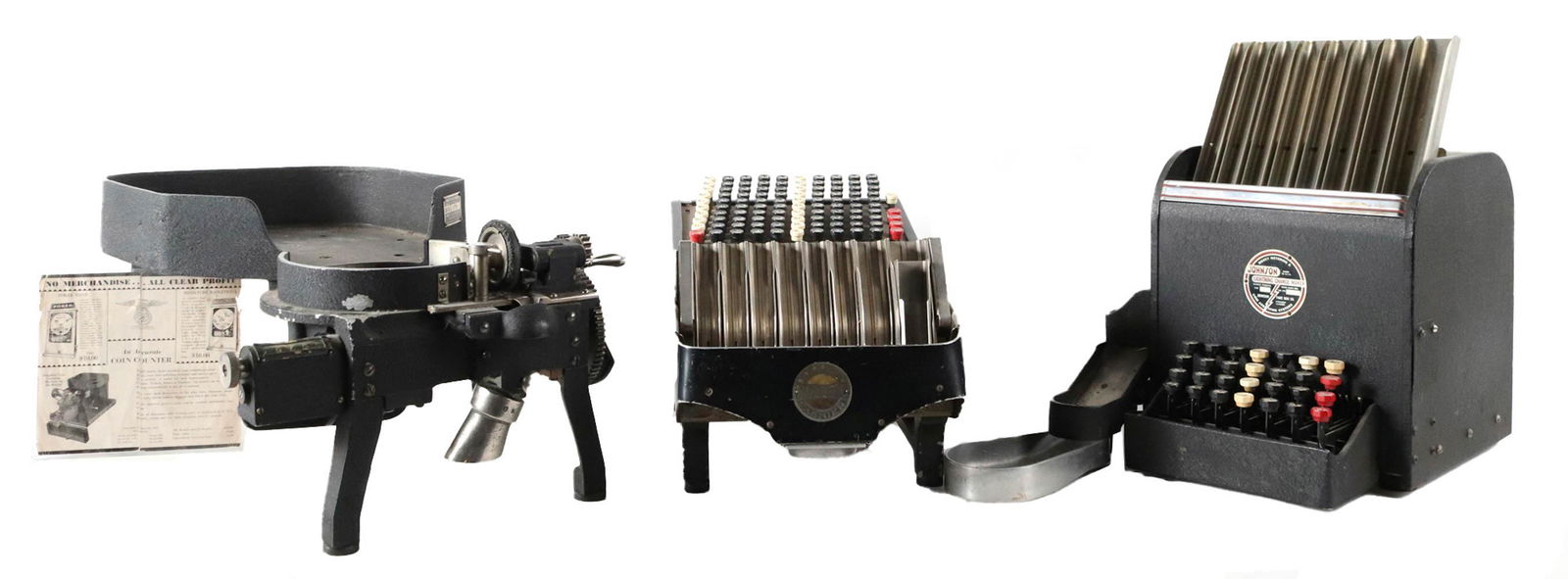 Three Vintage Bank Coin Counting Machines: Comprising a Brandt Automatic Cashier, Watertown, WI, a Johnson Lightning Change Maker, coin auditing system, Chicago, IL, and an Abbott Coin Counter, model 2X5, New York, NY. Wear, surface distress,