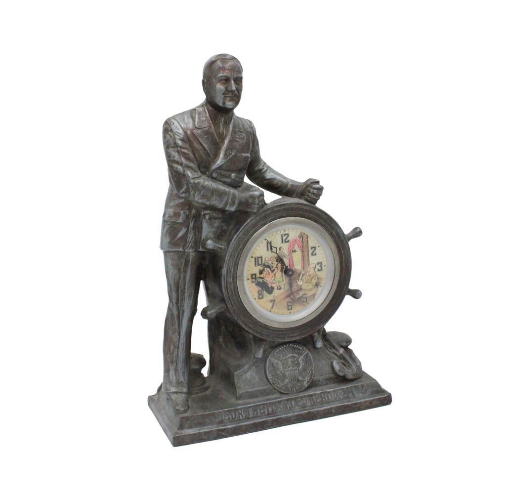 FDR "Man of the Hour" Clock: 1933, original clock with animation, currently not working 15"h x 10"w x 4-1/4"d