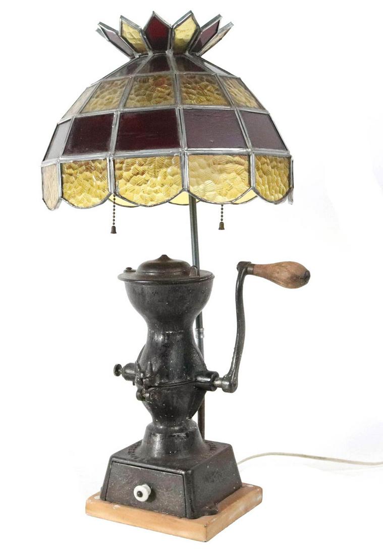 USA Enterprise Coffee Mill: Made by USA enterprise manufacturing, Philadelphia, PA, now mounted as a lamp with leaded glass shade Overall: 23-1/4"h Coffee mill: 11-1/4"h