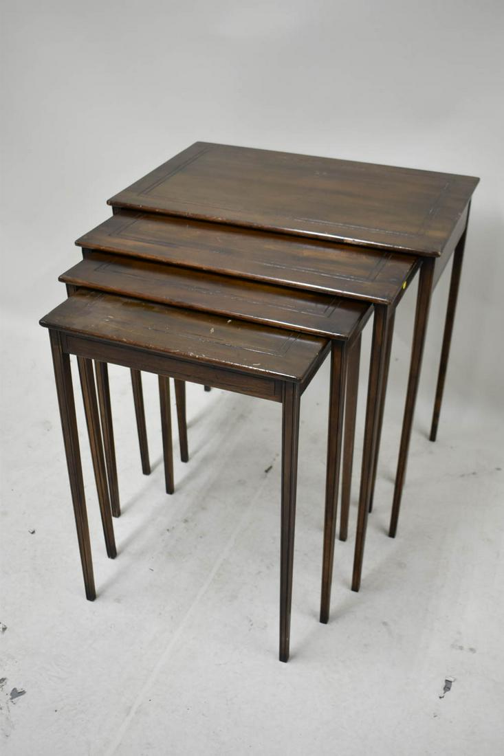 Dark Stained of Nesting Tables: Dark Stained of Nesting Tables. Used condition, wear, worn, scratches. Largest table measures: 29" tall x 28" wide x 18" deep