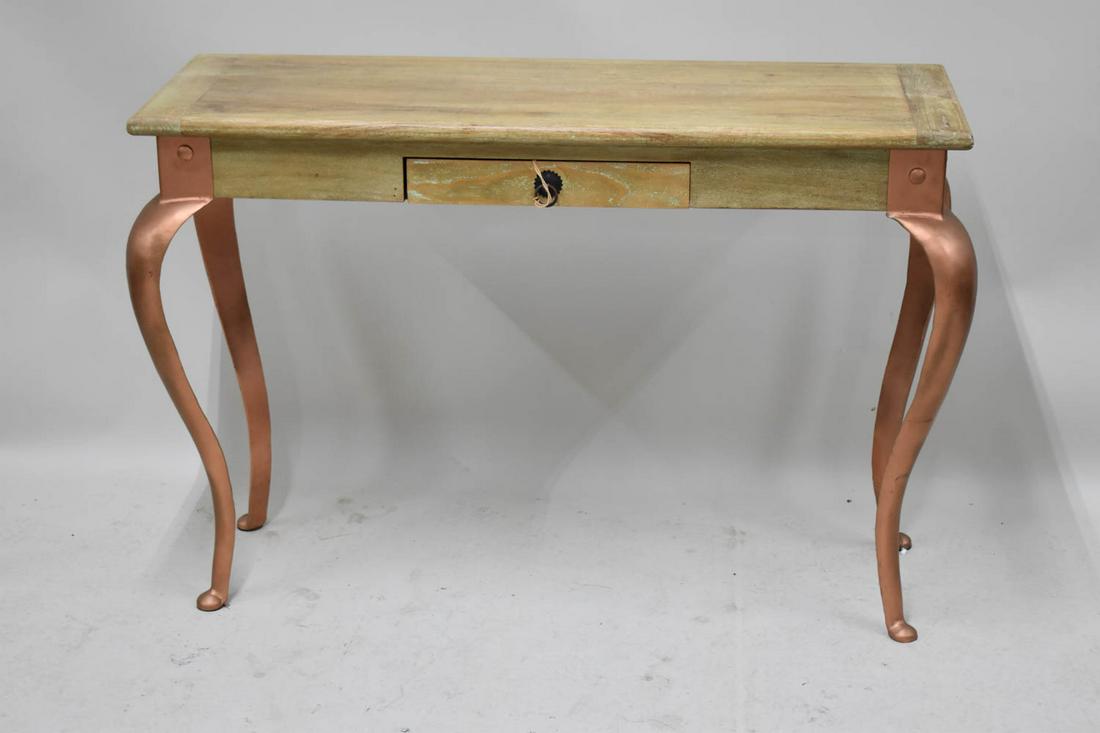 Wooden Console Table with Cabriole Metal Legs: Wooden Console Table with Cabriole Metal Legs. Used condition, wear, worn, surface distress. 44" x 16" x 30" tall