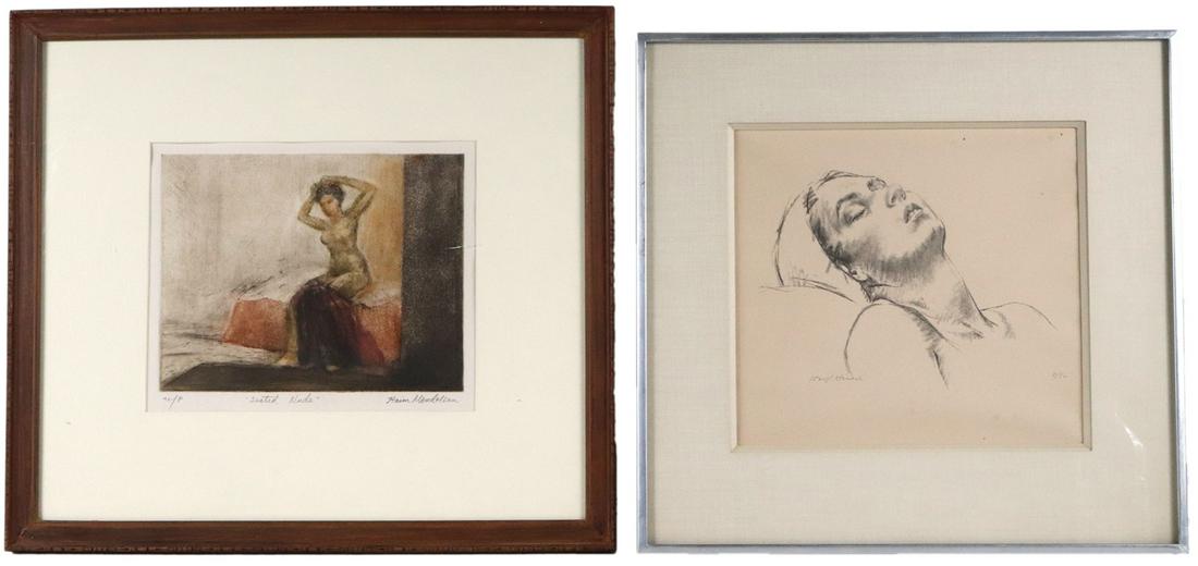 Joseph Hirsch, Lithograph, "Resting Woman": Joseph Hirsch, Lithograph, "Resting Woman" (American, 1910-1981), signed in pencil l.l. and numbered 8/50 l.r., together with Haim Mendelson (American, b. 1923), "Seated Nude", aquatint printed in col