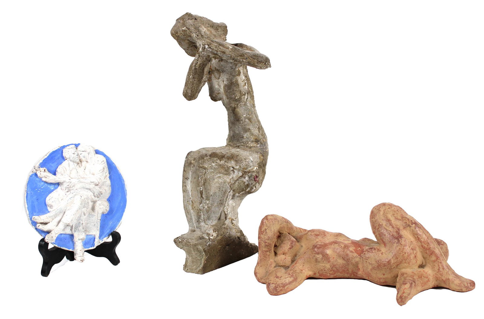 Group of Sculptural Models and Maquettes: Group of Sculptural Models and Maquettes, comprising a terracotta figure of a reclining woman, a stone figure of a seated woman fixing her hair, and a painted terracotta roundel of a man and woman sea