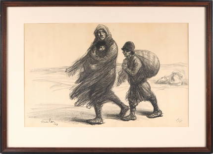 Theophile Alexandre Steinlen, "Refugees": Theophile Alexandre Steinlen, "Refugees" (French, 1859-1923), 1915, lithograph, numbered 327/400 l.r.c. Overall: 19-1/4"h x 26-1/2"w Sight: 12-1/2"h x 20-1/2"w Provenance: Property from the Estates of