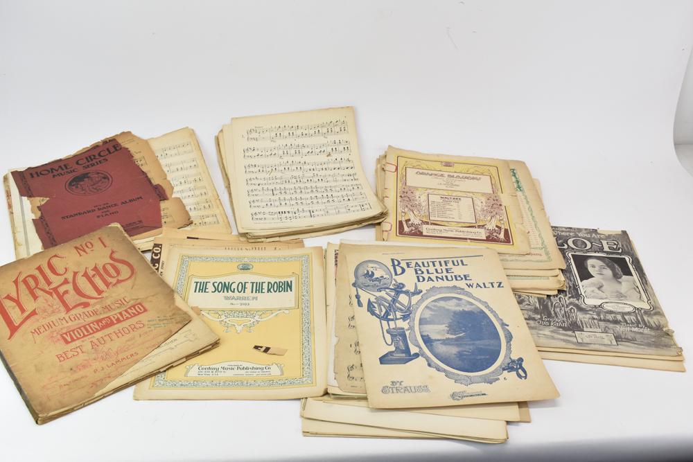 Group of Vintage Sheet Music: Group of Vintage Sheet Music mostly for piano (some for violin, vocal), and most published by Century Music Publishing Co (New York, Toronto); used condition, wear/worn, surface distress, tears, losse