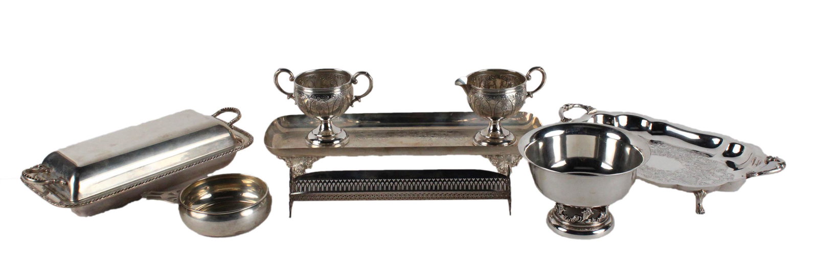 Hamilton Sterling Silver Creamer and Sugar: Weighted, 3"h; together with a sterling porringer, a footed bowl, two footed trays, a covered rectangular vegetable, and a stand