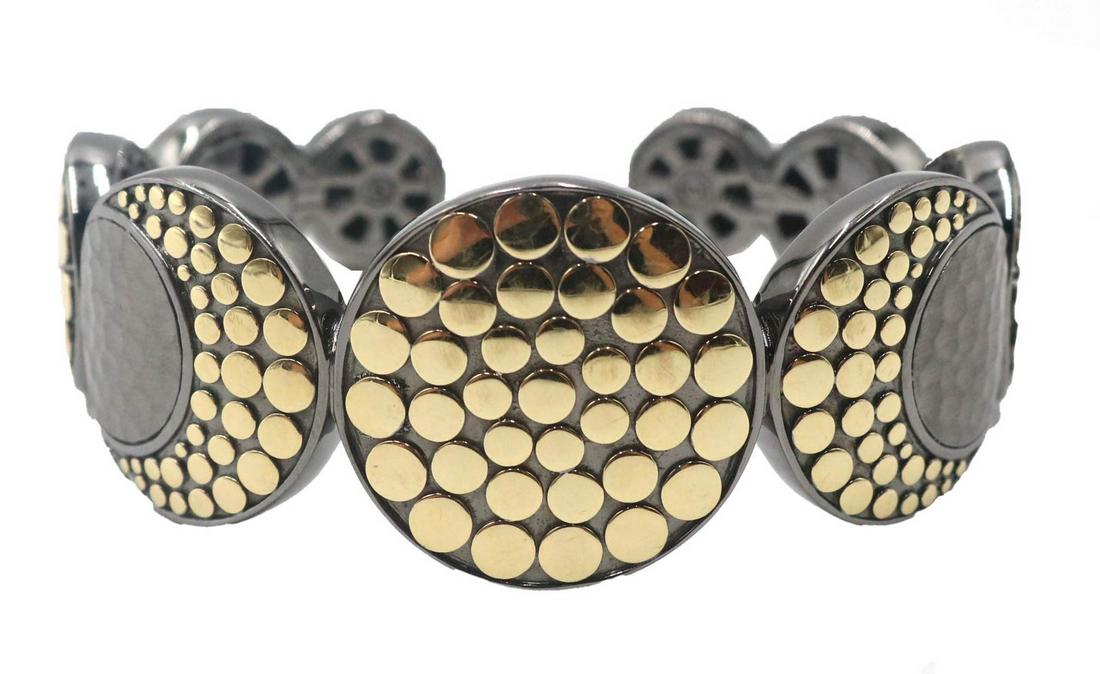 John Hardy 18K and Sterling Disk Cuff Bracelet: Stamped 18K and 925 Appx. 38.00 dwt and 6"l